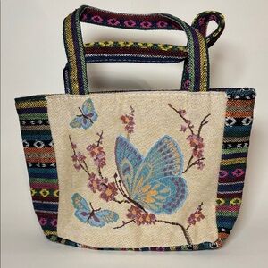 Multicolor Butterfly Embroidered Women's Canvas Hand Bag 12x8
